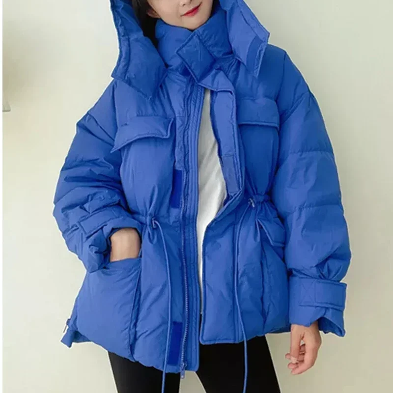 New Winter Hooded Parkas Warm Jacket Women\'s Down Cotton Coat Irregular Fluffy Bubble Drawstring Waist Loose Coat Cotton Coat