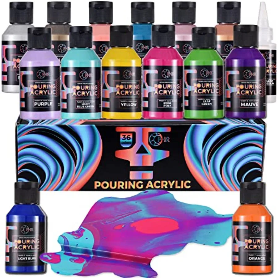 

40 Bottles Acrylic Set, 36 Colors Premixed Ready to Pour Paint with Silicone Cell Medium and Varnish for Canvas Wood Glass Craf