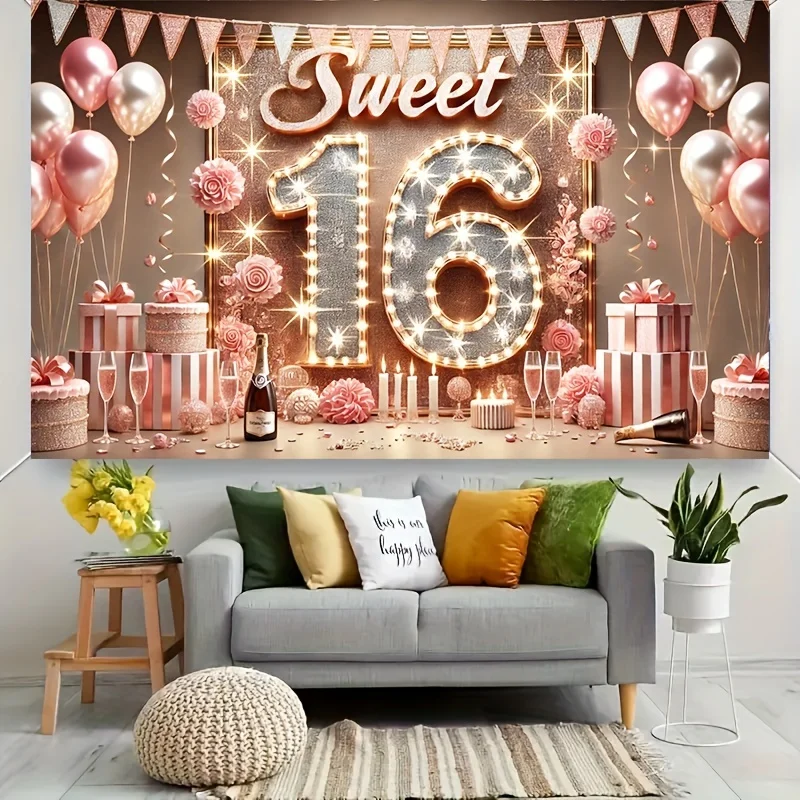 Sweet 16 Birthday Party Banner Decoration - Polyester background for 16th birthday celebration