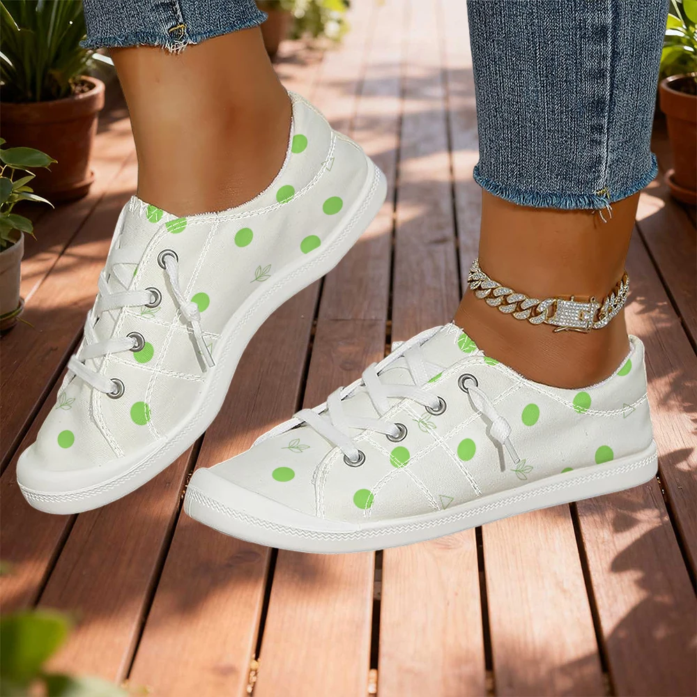 White Base Green Polka Dot & Leaf Print Low Top Casual Shoes For Women Lace Up Soft Sole Breathable Daily Walking Shoes view 2
