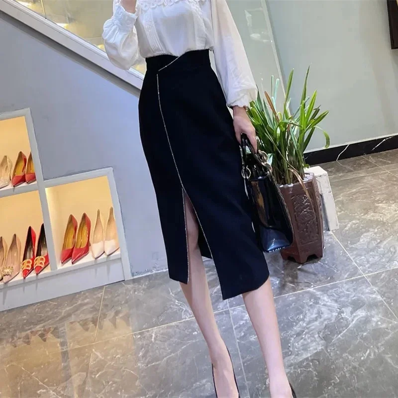 

Spring New Women Skirts Casual High Elastic Package Hip Midi Skirt Fashion Split Sexy Slim Elegant Office Lady Skirt E7461