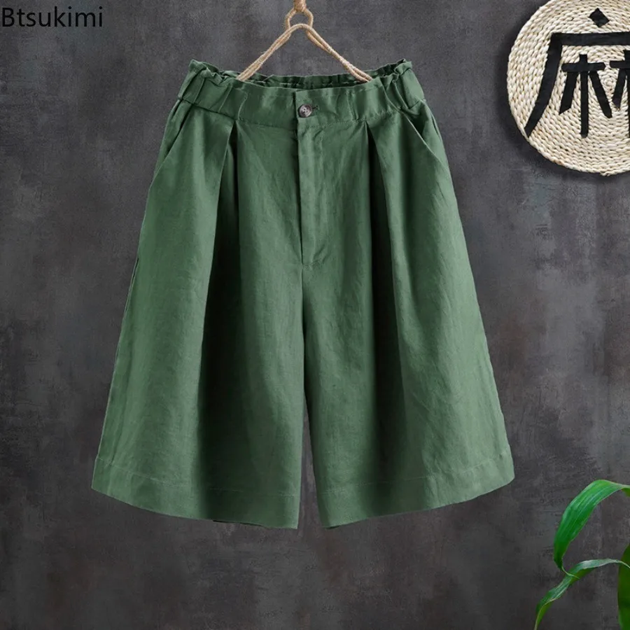 

New 2025 Women's Summer Cotton High Waist Shorts Button Detail Pockets Straight Leg Solid Color Friendly Loose Knee-Length Pants
