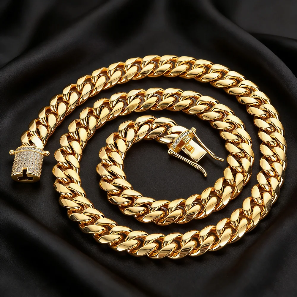 

HHIOK 6/8/10/12/14/16/18MM Width Miami Cuban Link Chain Hip Hop Jewelry Stainless Steel Men Necklace CZ Clasp DropShipping