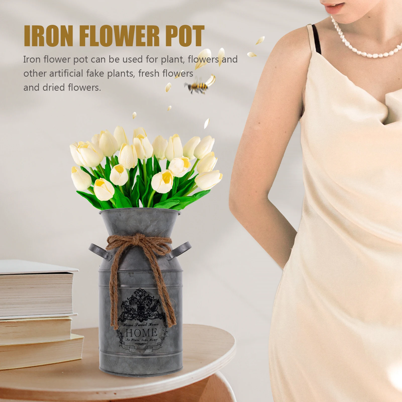 

Vintage Iron Flower Pot Chic Rustic Metal Bucket for Fresh Dried Plants Decorative Vase Home Office Bookcase Shelves Windowsill