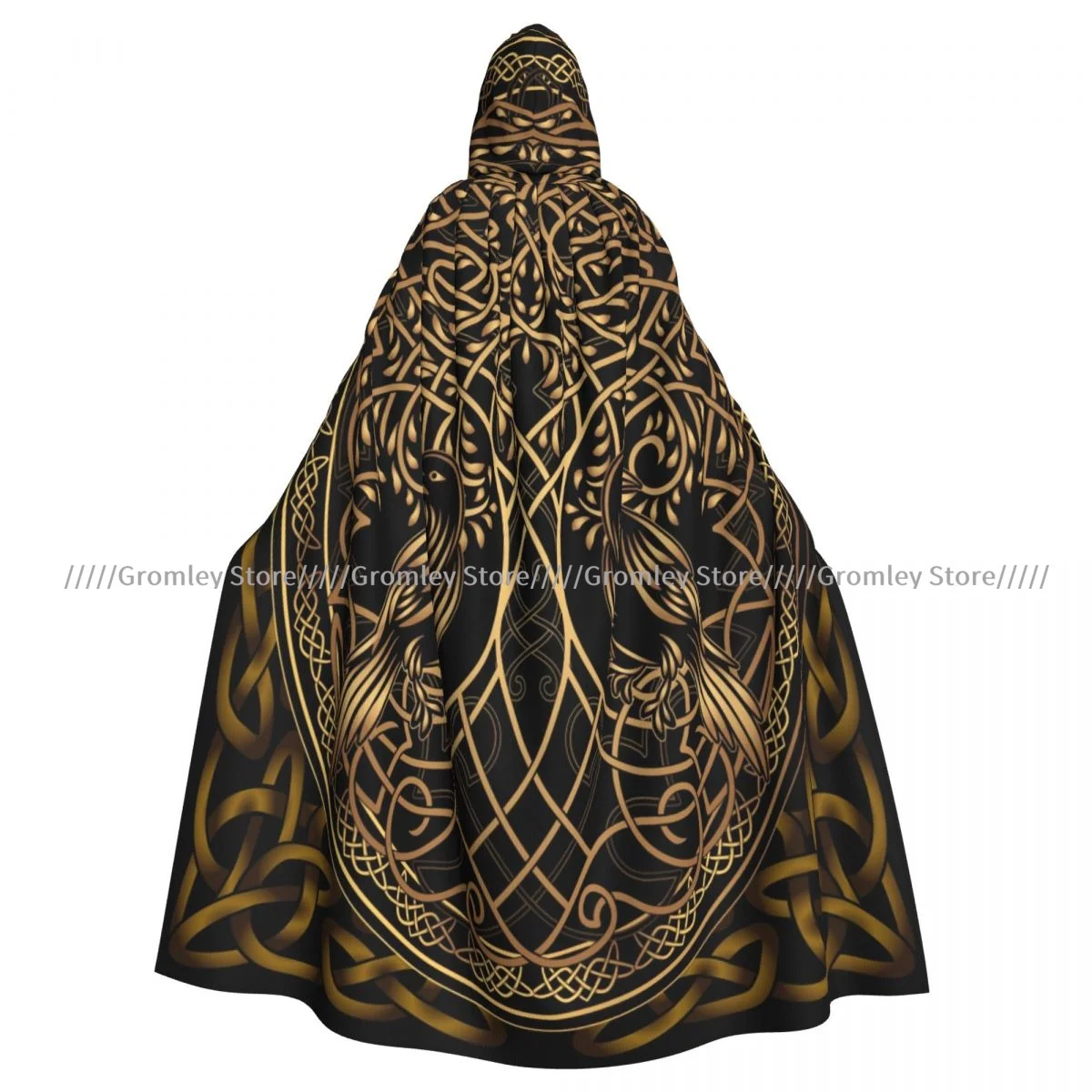 Unisex Halloween Cloak Yggdrasil Raven Cape Hooded Medieval Costume Witch Wicca Vampire