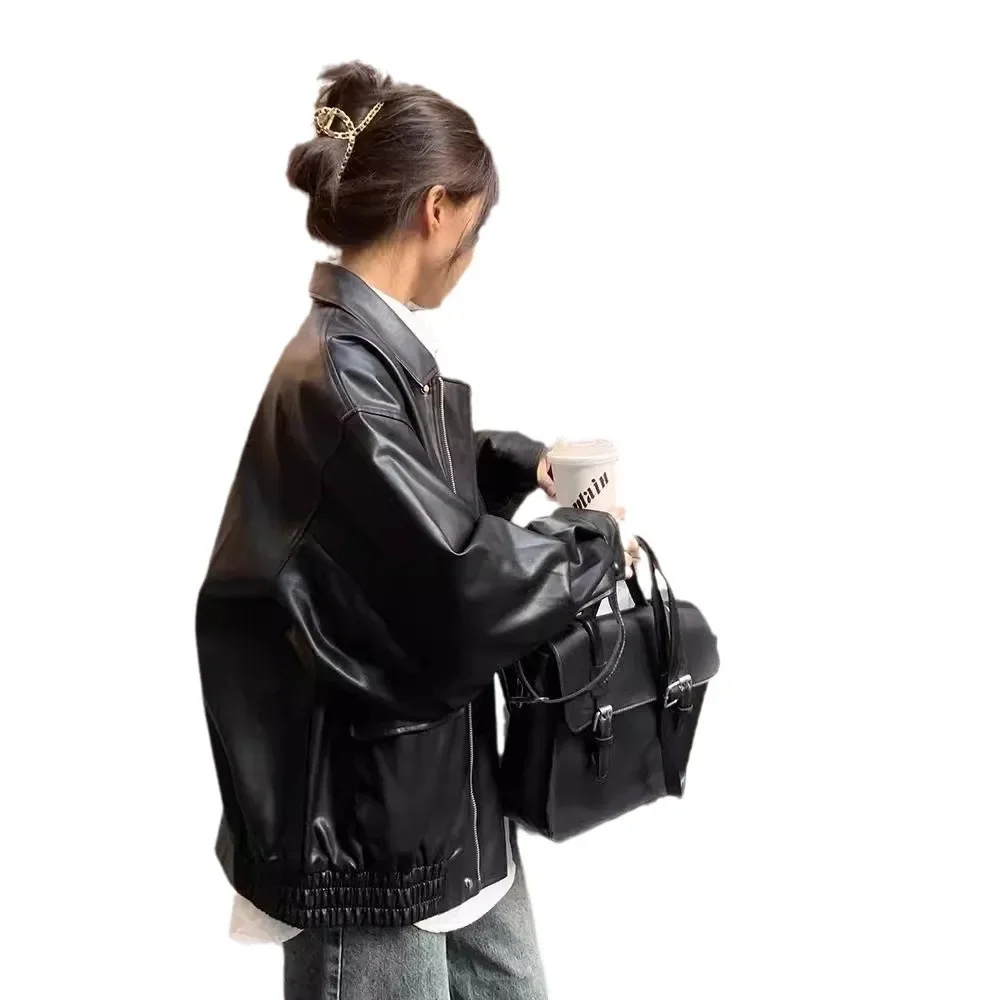 Dámská hnědá kožená bunda v hongkongském stylu, volná americká retro motocyklová bunda, top z polyesterového vlákna s dlouhým rukávem - náhled 5