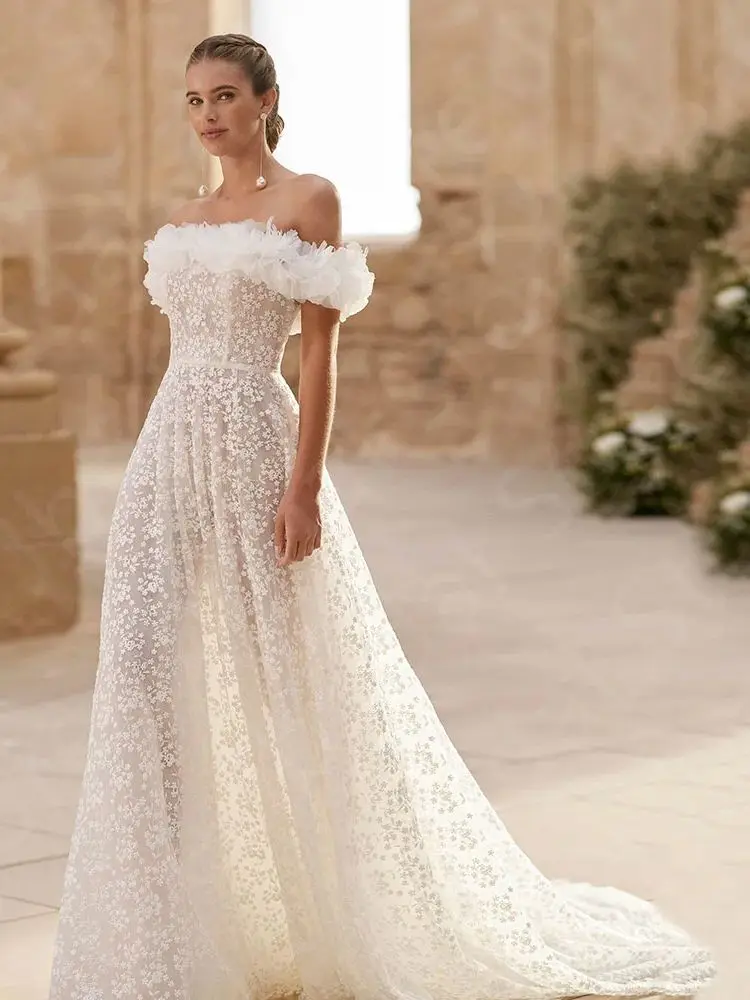 Aangepaste nieuwe prachtige trouwjurken kanten bruidsjurken off-shoulder mouwen bruidjurken 2025, bruidsjurken terug uit