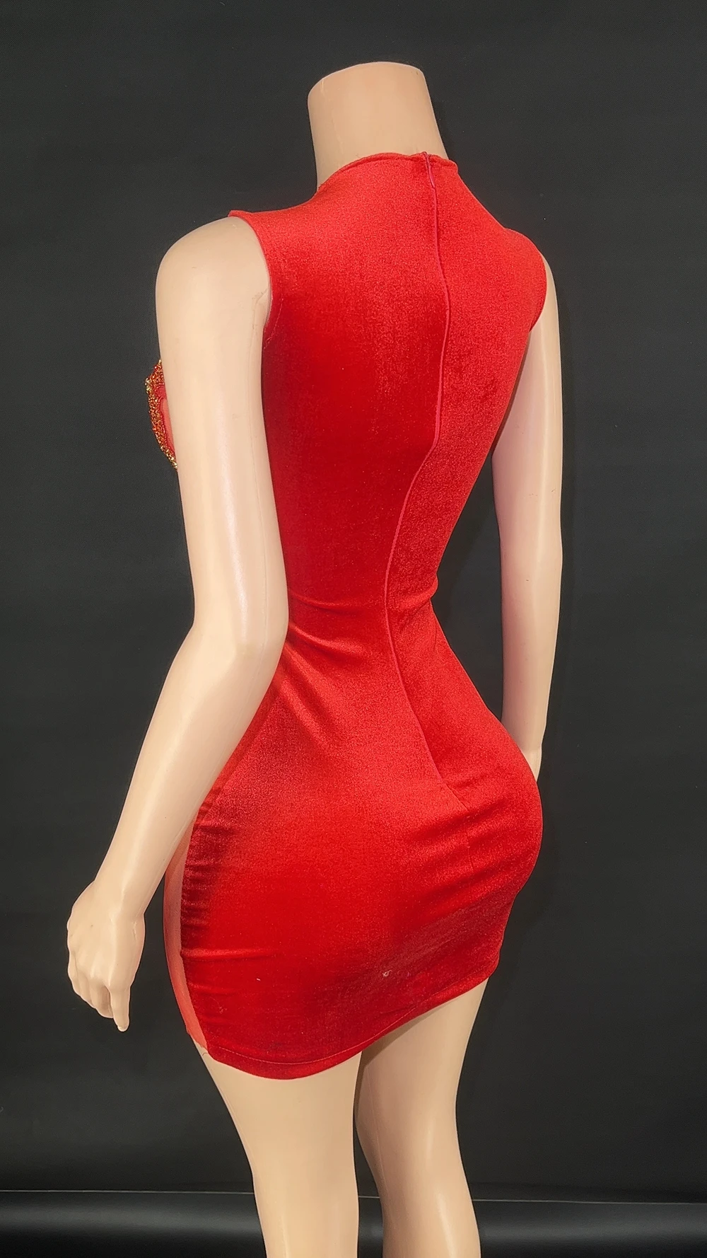 Funkelnde rote Strass steine Mesh sehen durch Rücken Samt ärmelloses kurzes Kleid Frauen sexy feiern Geburtstag Abend Party kleid