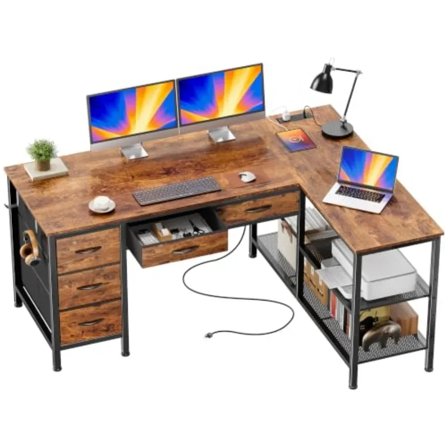 47 Inch L Shaped Desk with Power Outlets, 5 Fabric Drawers for Home Office, Engineered Wood in White, Cable Management Spacious