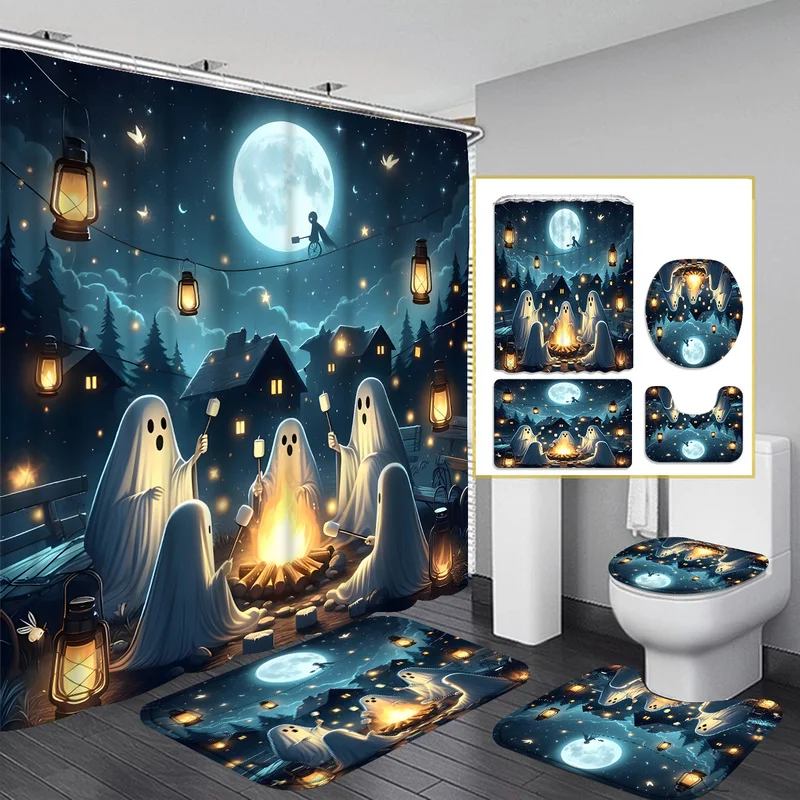 Festive Halloween Ghosts Set: Includes 70.8X70.8In Shower Curtain, 13.8X35Cm Bath Mat, 17.7X45Cm Toilet Seat Cover, And 12