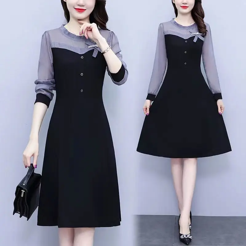 Vintage Black Patchwork Button Dress Round Neck Long Sleeve High Waist Slim Vestidos Korean Elegant Midi Dresses Women Autumn