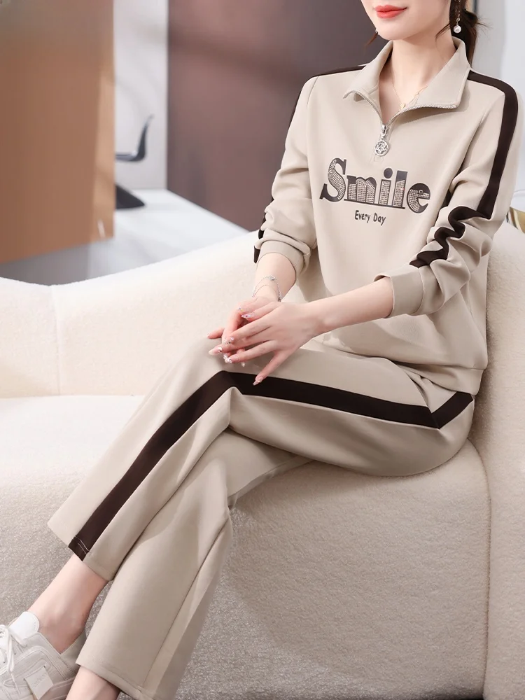 

Casual Sportswear Set for Older Women Spring Faion Loose Fit Long Pants Two Piece Suit Polyester Blend Zipper Closure