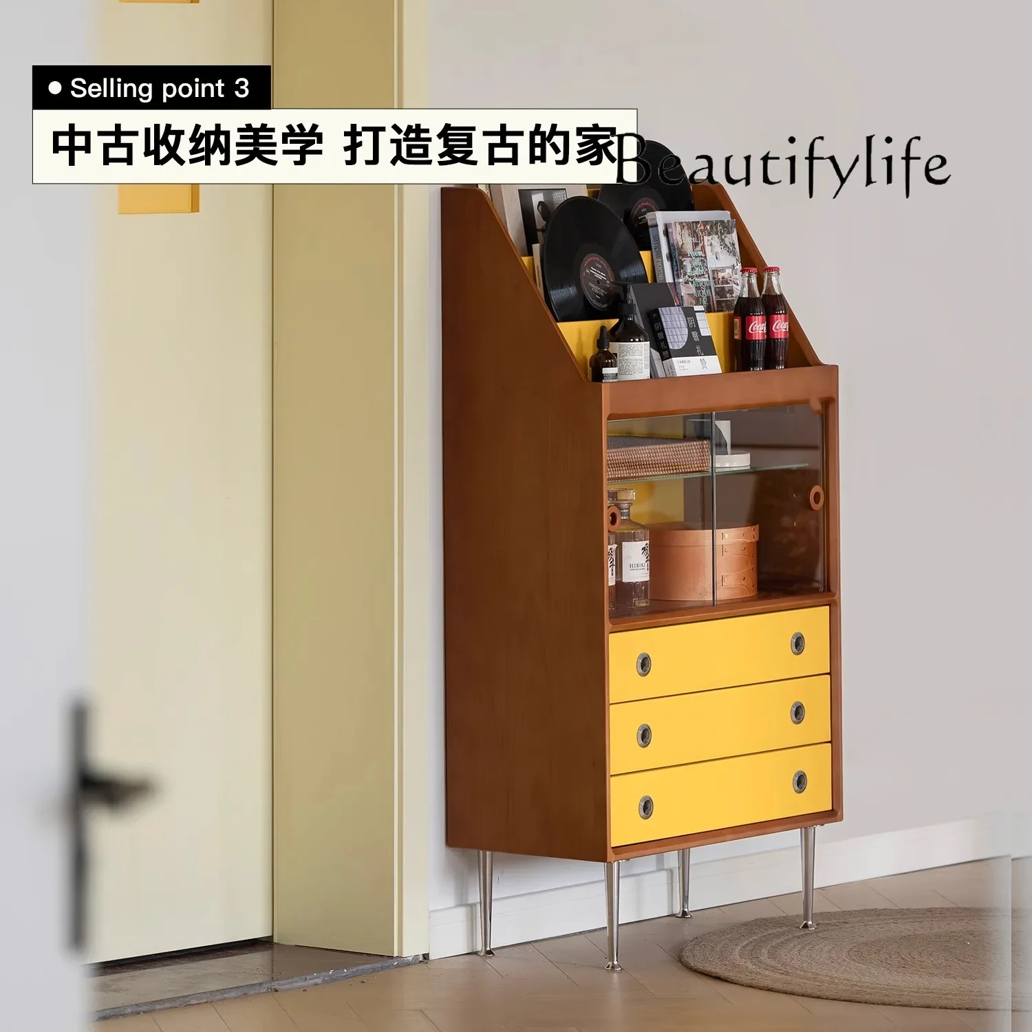 Mueble para revistas Nielsen de estilo medieval, armario para sala de estar, mueble para TV, mueble de exhibición de madera maciza, armario de almacenamiento japonés