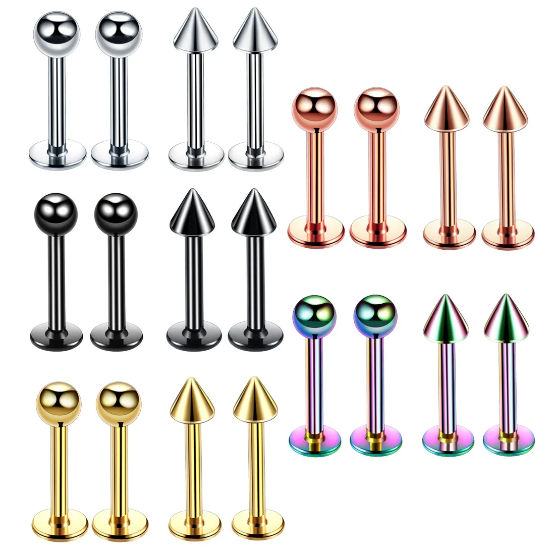 

10PC Titanium Spike Ball Labret Stud Nose Lip Helix Bar Stud Taper Tongue Piercing Ear Tragus Cartilage Earring Body Jewelry 16G