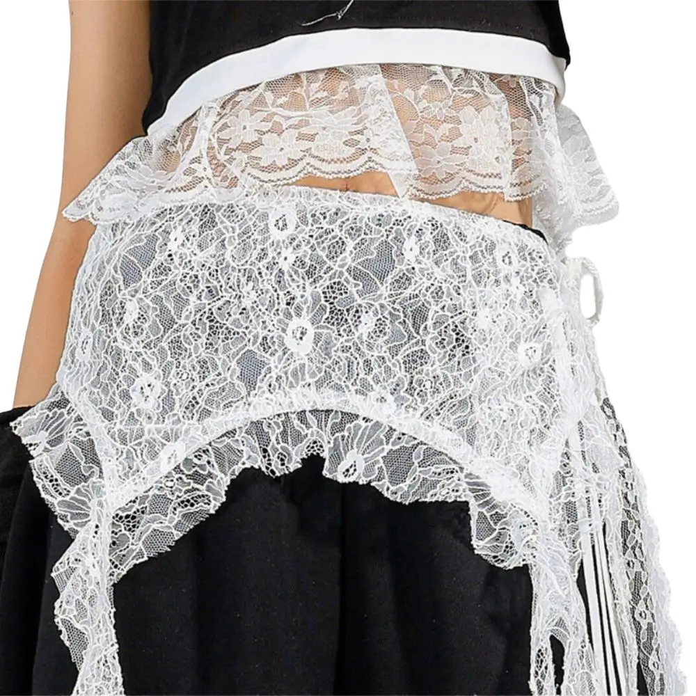 

Embroidered Flower Lace Mini Skirt See Through Y2K Streetwear Ruched Skirts Lace-up Design High Waist Pleated Skirts