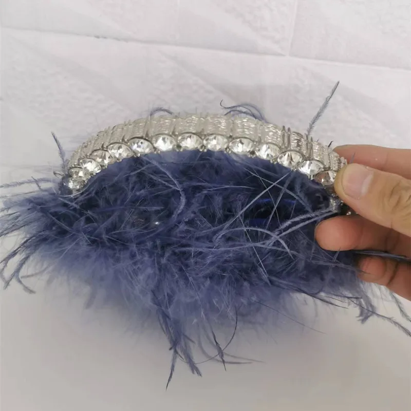 นกกระจอกเทศ Feather Rhinestone Party คลัทช์กระเป๋าผู้หญิง Luxury Designer กระเป๋าถือ Chic กระเป๋าจัดงานแต่งงานพับ Pu หนัง