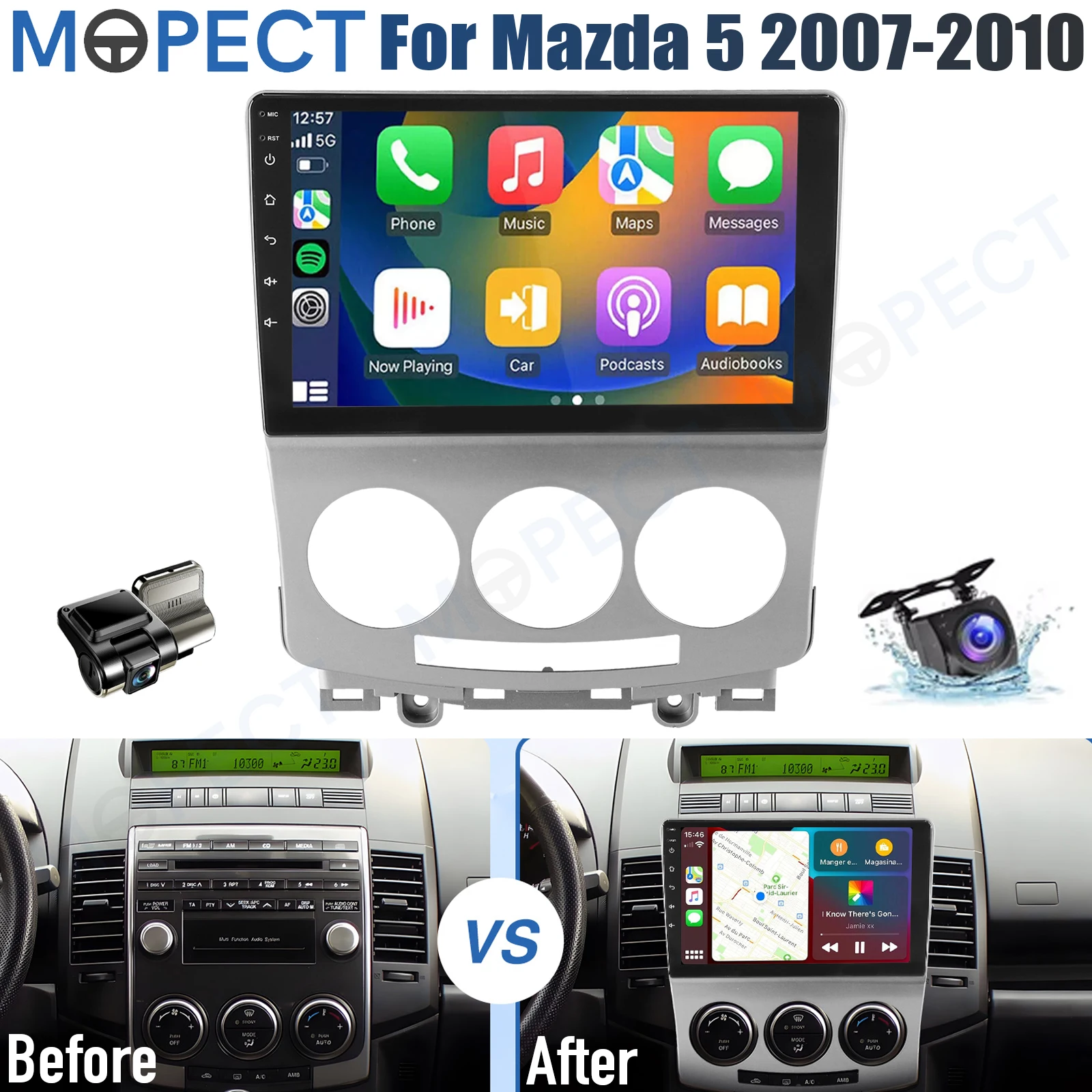 MOPECT 9" Android 15 CarPlay autoradio voor Mazda 5 2007-2010, 4+64GB AM/FM GPS navigatie, SWC, Bluetooth+DAB+DVR&Camera