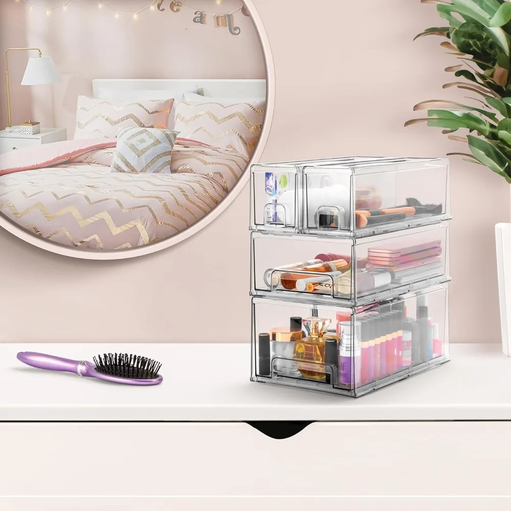 مجموعة أدراج كبيرة شفافة قابلة للتكديس - 2 صناديق تخزين بلاستيكية مع مقابض قابلة للسحب للتنظيم