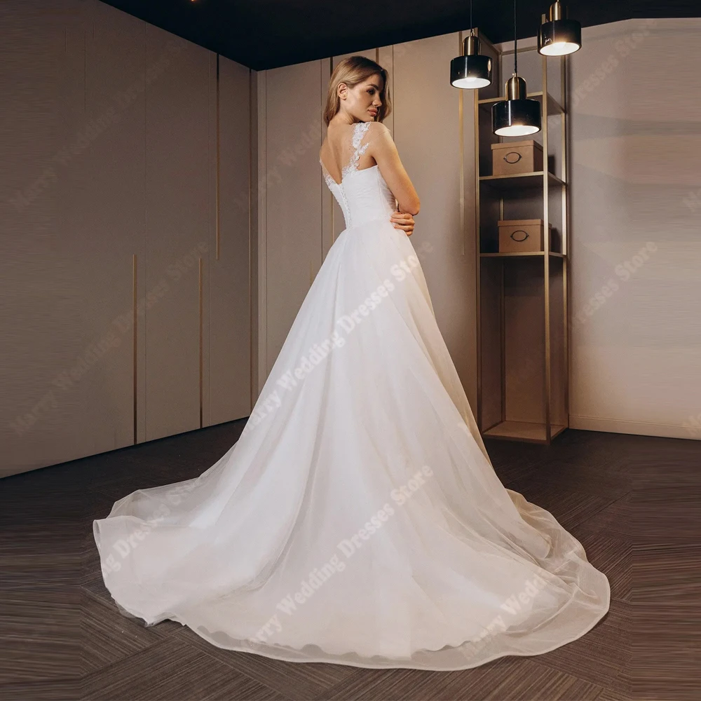 Suknie Ślubne Damskie w Kształcie Litery A z Dekoltem w Serek, Modne Koronkowe Suknie Ślubne z Tiulu z Kwiatowym Nadrukiem, Suknie Bankietowe Vestidos De Novias, Szyte na Miarę