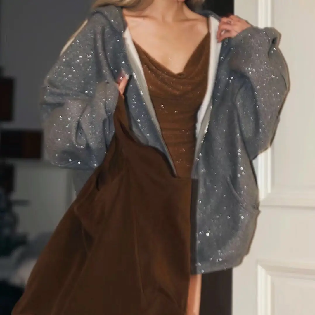 سترة نسائية بغطاء للرأس موضة ربيع 2026 جديدة مقاس كبير مع قلنسوة جالاكسي لامعة للخريف والشتاء سترة فضفاضة غير رسمية على طراز كسول #4