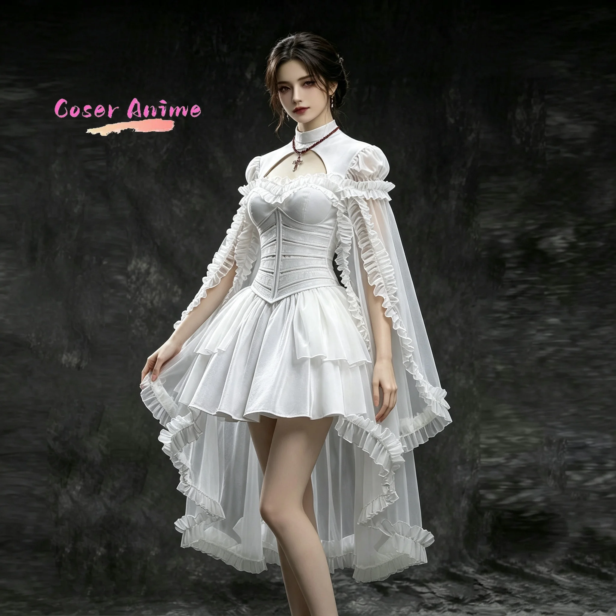 Original White Gothic Lolita Dress, Maiden Knight‑Themed Gown With Corset, Halloween Cosplay Costume