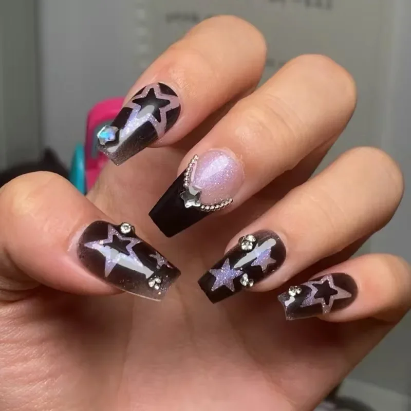 10개입 수제 화이트 스타 Y2K 프레스온 네일 블링 라인스톤 가짜 손톱 접착제 포함 재사용 가능 짧은 관 모양 맞춤형 인조 손톱 팁