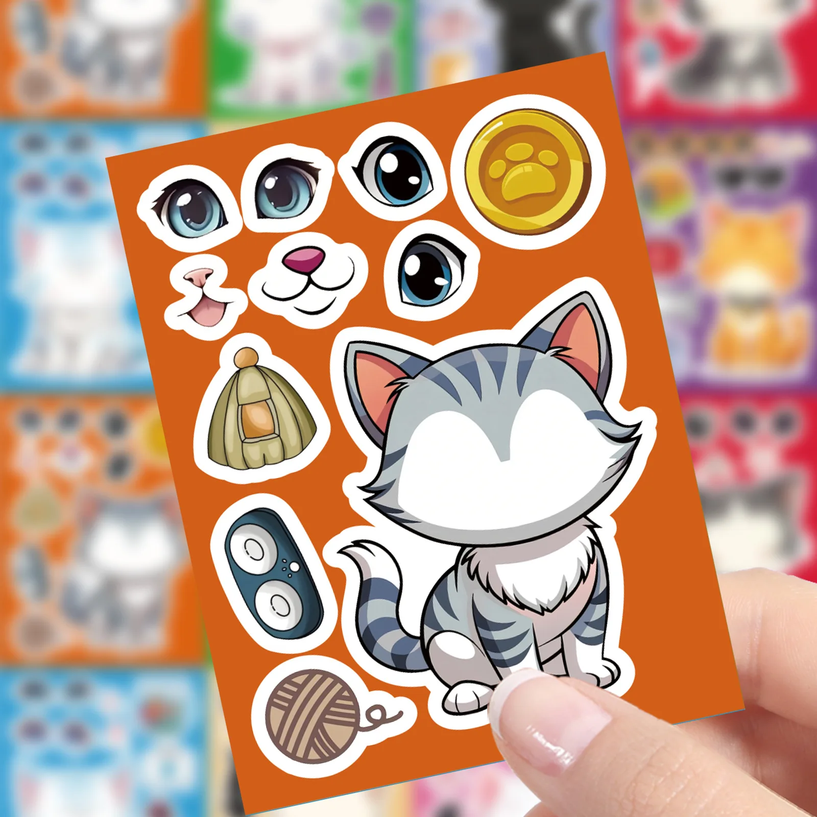 8/16 Blatt Niedliche Katzen-Gesichter-Puzzle-Aufkleber für Kinder, DIY-Spiel zum Selbstgestalten, Cartoon-Puzzle, Lernspielzeug, Partygeschenk