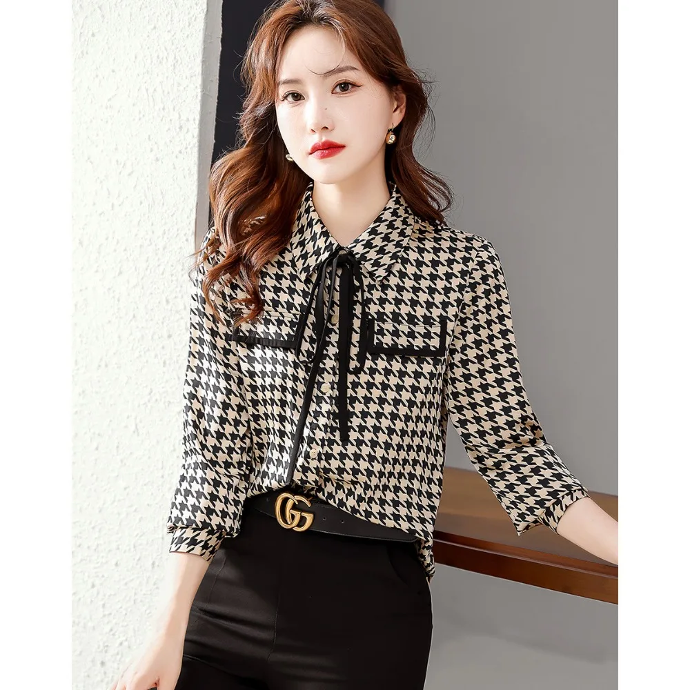 Women\'s S-2XL Size Spring Outfit New Autumn Korean Casual Home Commuting POLO Collar Tie Up Elegant Plaid Shirt