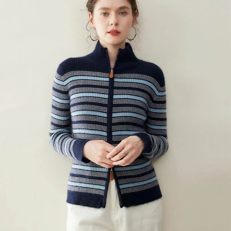 

Women's 100% Cashmere Striped Sweater Mock Neck Slim Zipper Cardigan Coat Autumn Winter Thick Warm Simple Style Cashmere Coat