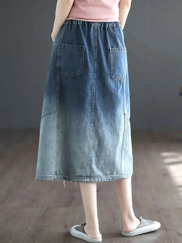 AmaxluluE 2025 تنانير نسائية صيفية فضفاضة عتيقة من قماش الدنيم للسيدات فاخرة كلاسيكية غير رسمية بخصر مطاطي ملابس شارع زرقاء