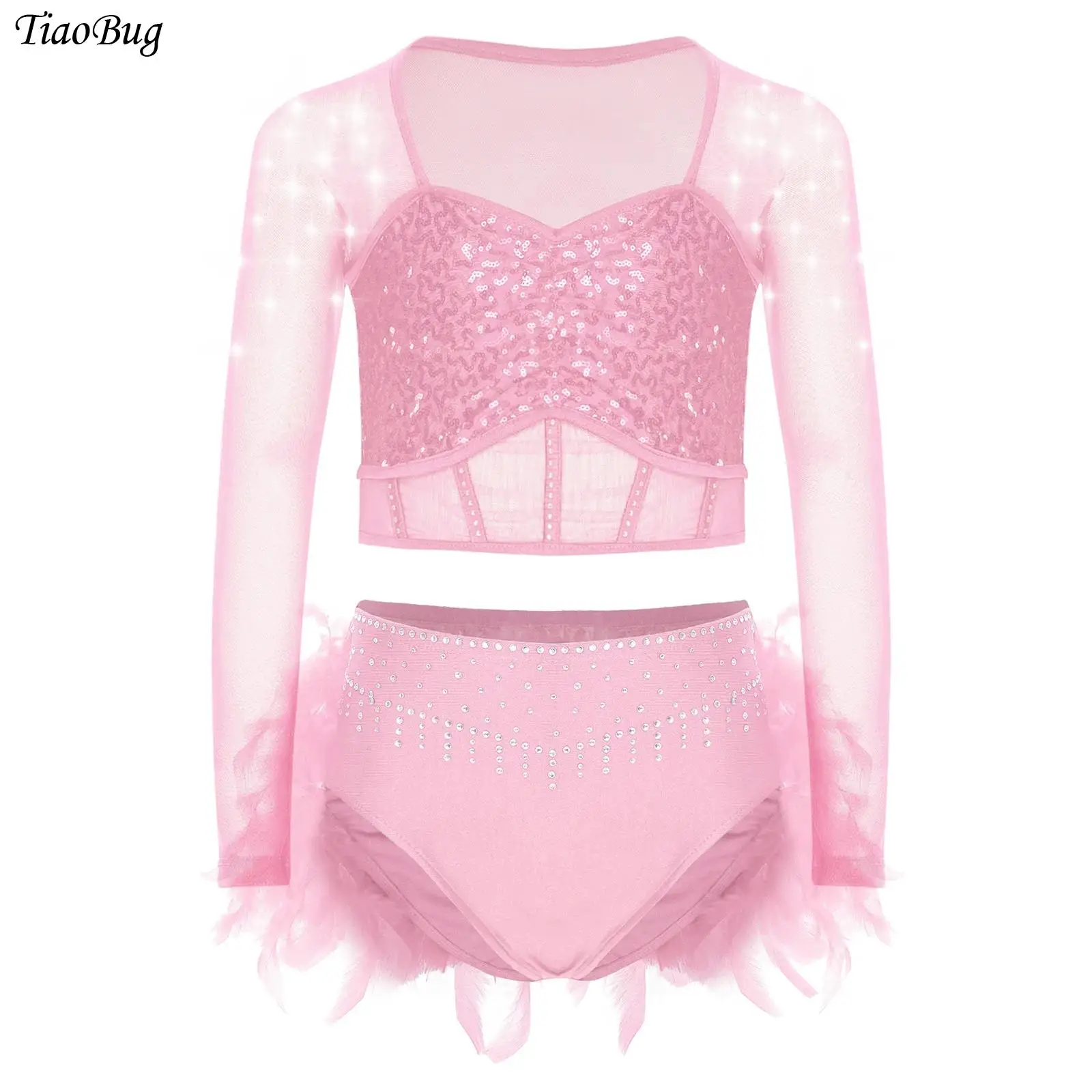 女の子の叙情的なダンス衣装長袖スパンコールラインストーンシアーメッシュクロップトップとフェザースカートラテン体操スケート衣装
