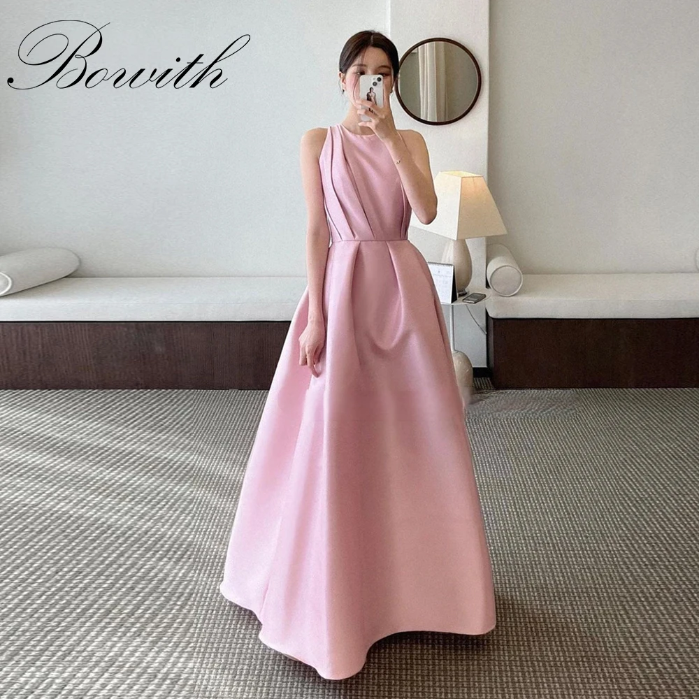 

Bowith Pink Satin Korea Evening Dresses Vintage Simple Formal Party Prom Gowns Wedding Photo shoot customized Reception Dress