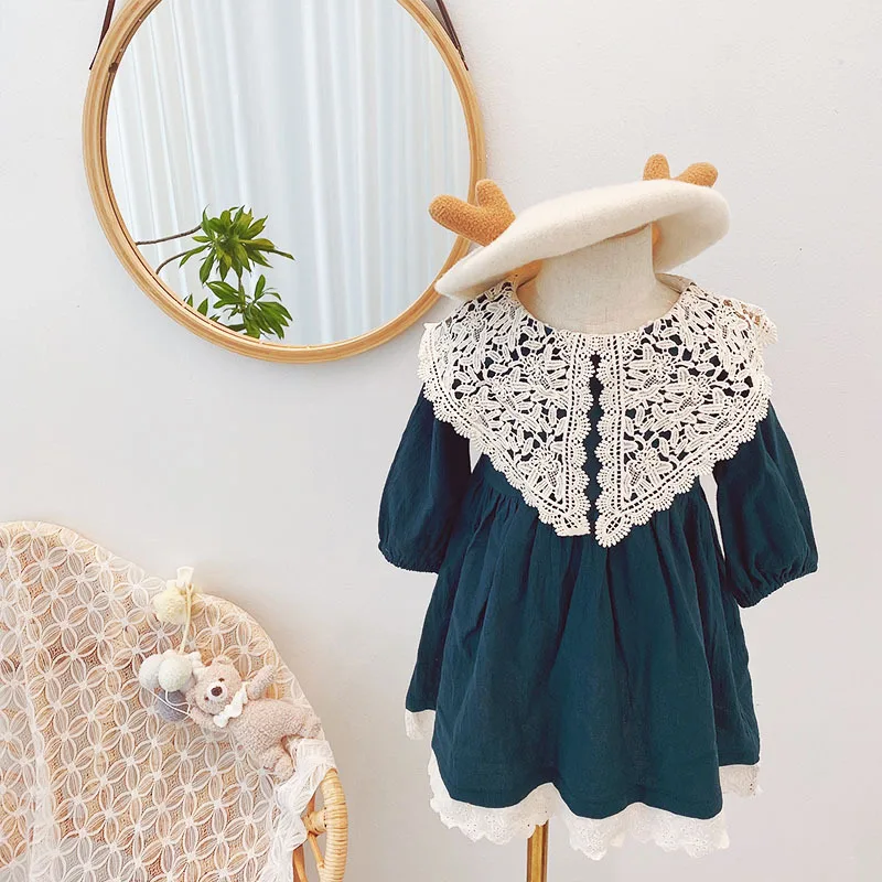 Baby Girl Autumn Clothing Dress2024New Western Style Children's Doll Collar Princess Dress Little Girl Vintage Skirt Fashion