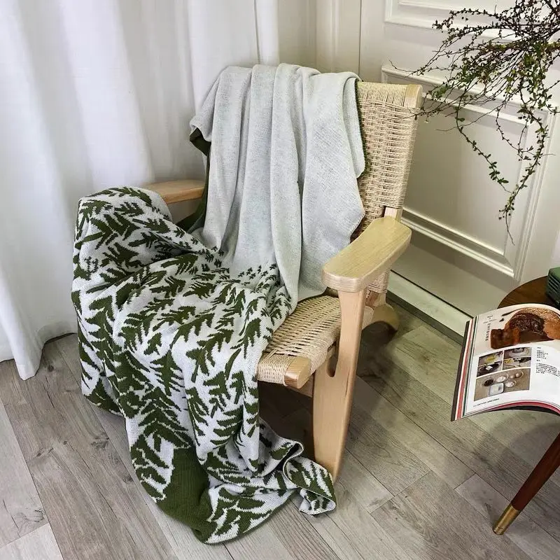 Knitted Throw Blanket Soft Cozy Reversible Tree Pattern Green Grey For Couch Bed Sofa Chair Office Camping Travel Home Decor