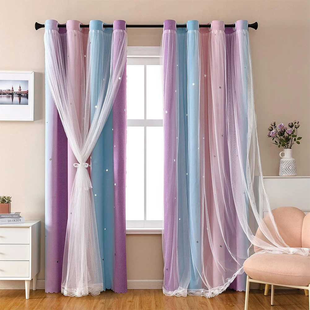Pink And Purple Curtains Star Blackout Curtains For Kids-Rooms Girl Princess Curtain For Daughter Bedroom Window Home Decor