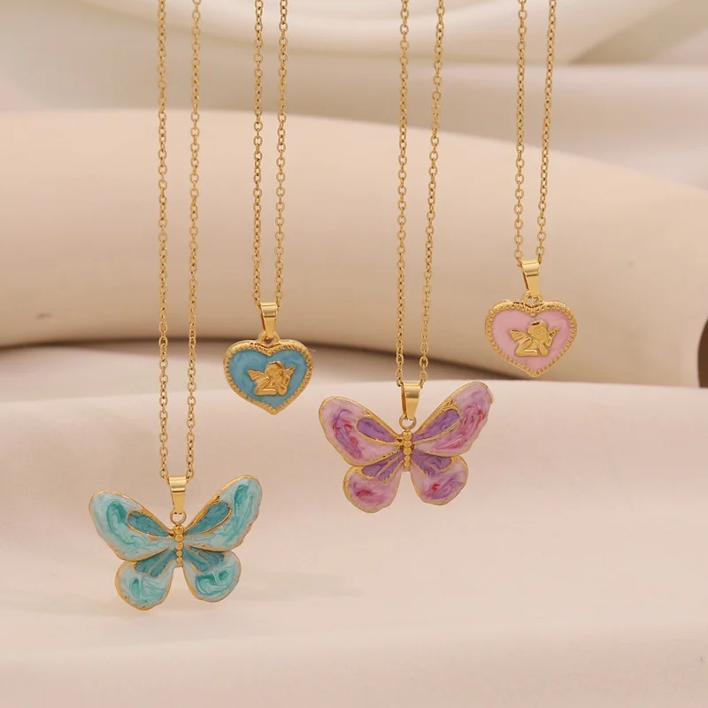 

Retro Oil-Drop Butterfly Pendant Necklace, Fashionable And Suitable For Daily Wear, Angel Heart-Shaped Stainless Steel Collar Ch