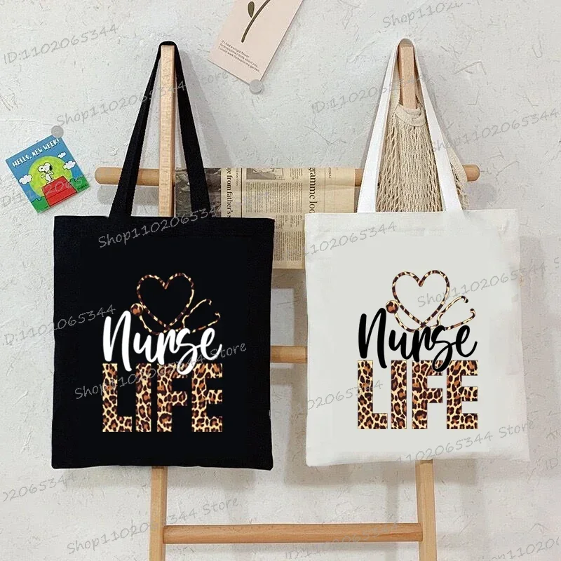 Nurse Life Women's Handbags Leopard Print Stethoscope Letters Canvas Tote Bags Fashion Shopping Bag Medicine Nurse Shoulder Bags