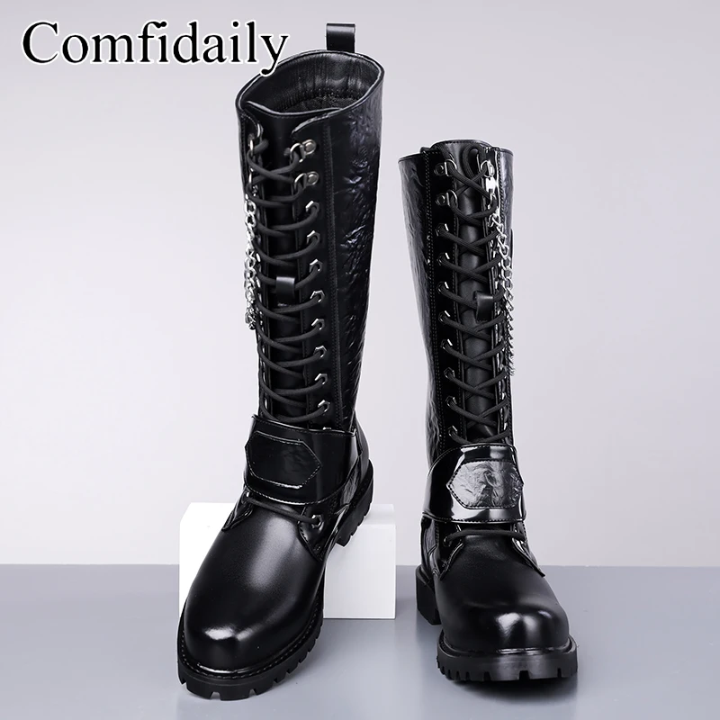 Men Black High Top Punk Metal Chain Fashionable Motorcycle Boots Retro Trend Height Increasing Personalized Fashion Boots