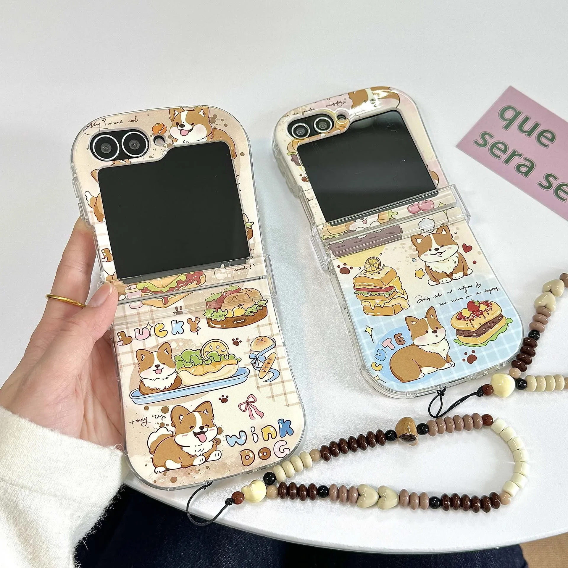 Cartoon Cute Hamburger Shiba Inu with Lanyard Phone Case for Samsung Galaxy Z Flip 3 4 5 6 5G PC Hard Anti-drop Back Cover Funda