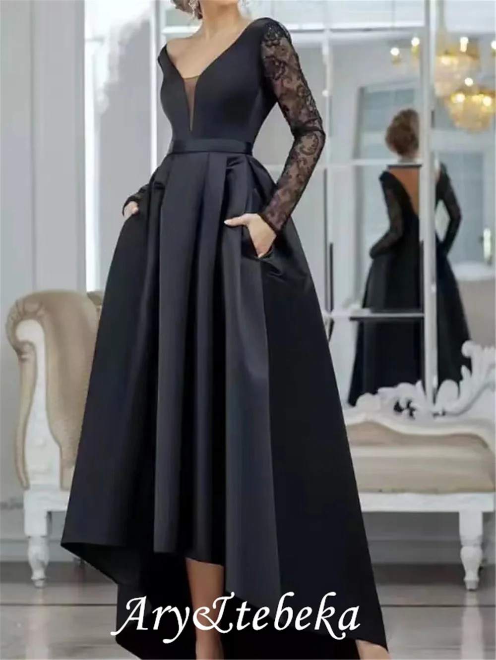 Abito da sera in raso nero con scollo a V in pizzo manica lunga Sexy Backless robes de soirée vestidos elegantes para mujer muslimah sera