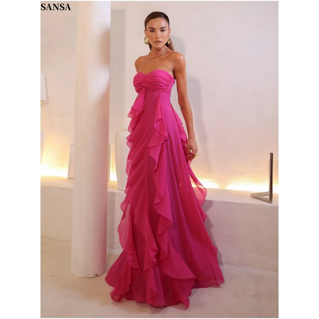 

Sansa Customized Magenta Multilayer Pleats Prom Dresses Strapless Slim-Fit vestidos de noche Floor-Length Formal Evening 2026
