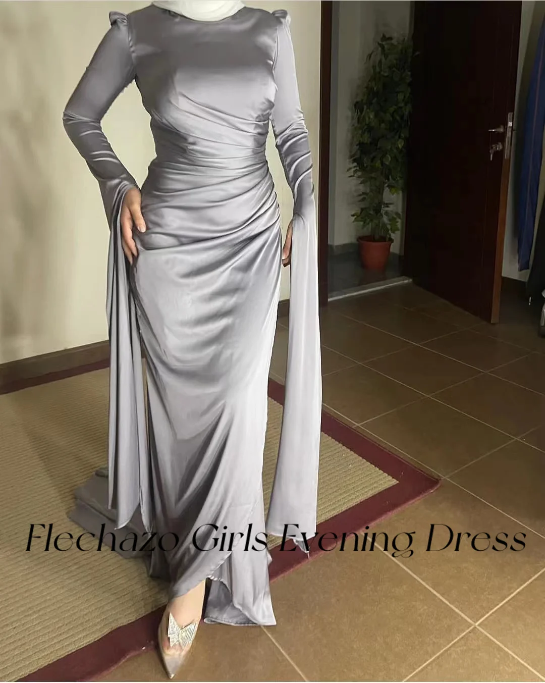 Flechazo Satin Evening Dresses O Neck Full Sleeves Formal Occasion Muslim Dress For Women 2024 vestidos de gala شارون سعيد