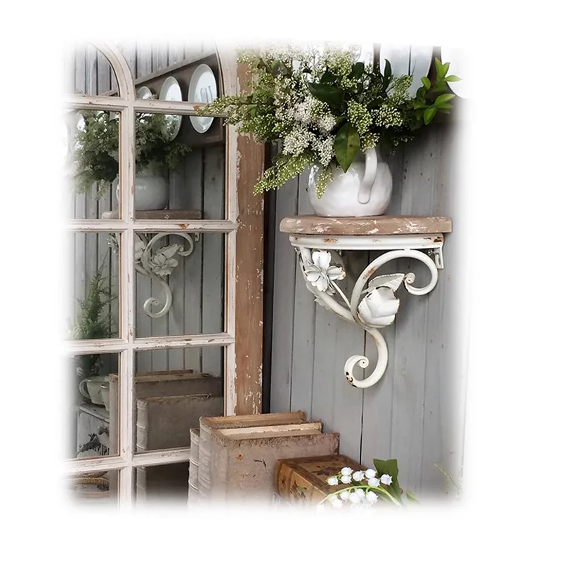 

Vintage Wall Shelf, French Country Style, Distressed Wood and Metal, White Floral Design, 12.8 x 5.5 inches