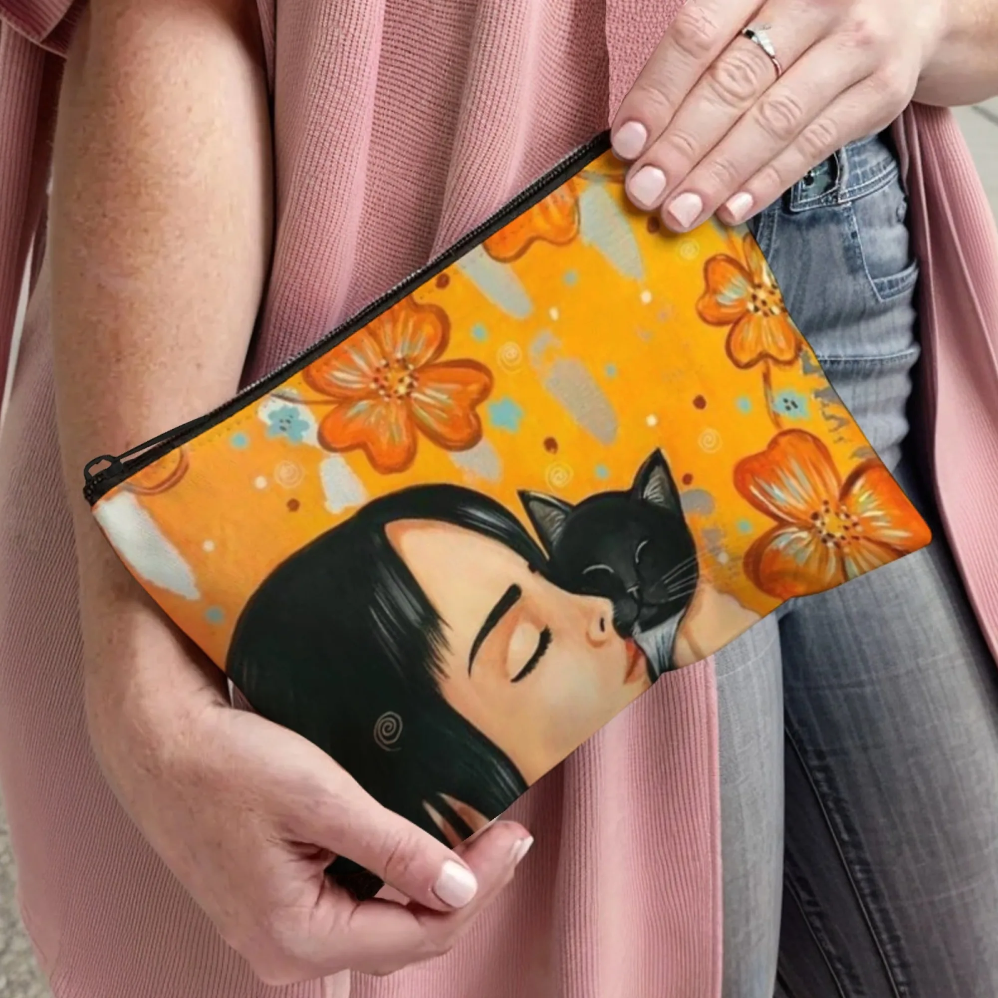 Autumn Cat and girl makeup bag lightweight portable cosmetic case with zipper closure ideal for women Birthday Christmas Gifts