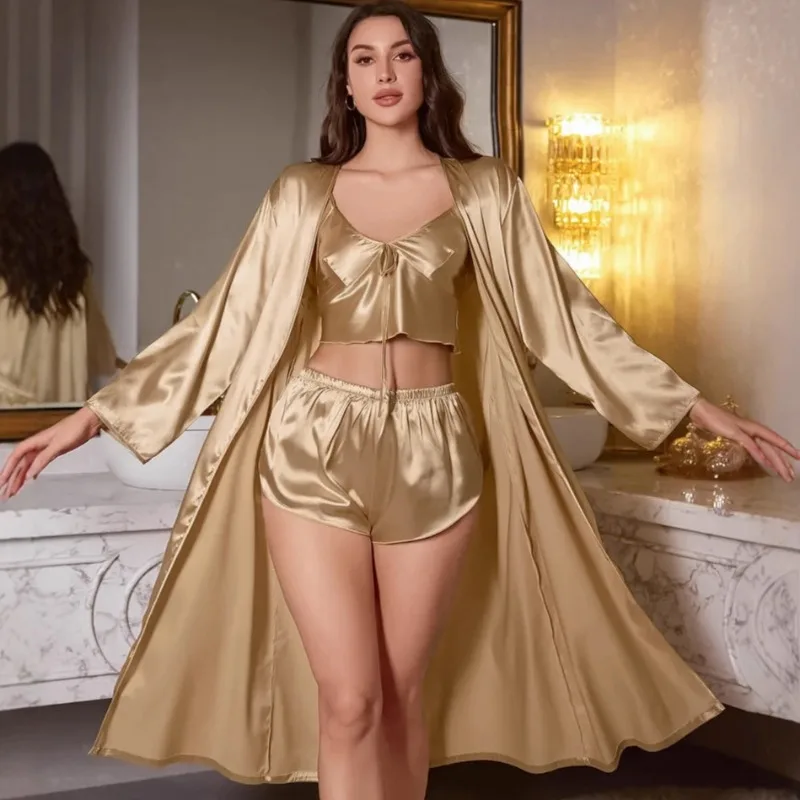 2026 Autumn Winter Women's Loungewear European American Style Loose Fit Three Piece Pajama Set Short Long Sleeves Pants L Size
