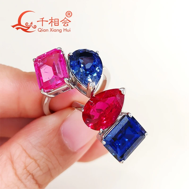 

Emerald and pear stone with lab grown Pigeon blood red ruby Royal blue sapphire Ring Silver 925 Wedding Engagement Women gift