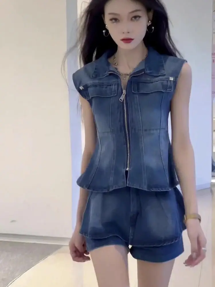 

Sleeveless Jacket Korean New Tops Denim Vest High Waisted Skirts Shorts Womens Two Peice Sets Y2k Short Pant Ropa Zip Lady