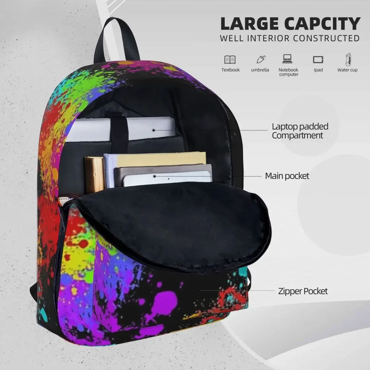 Mochila con salpicaduras de pintura de arcoíris, Bolsa Escolar informal para estudiantes, mochila para portátil, mochila de viaje, bolsa de libros de gran capacidad