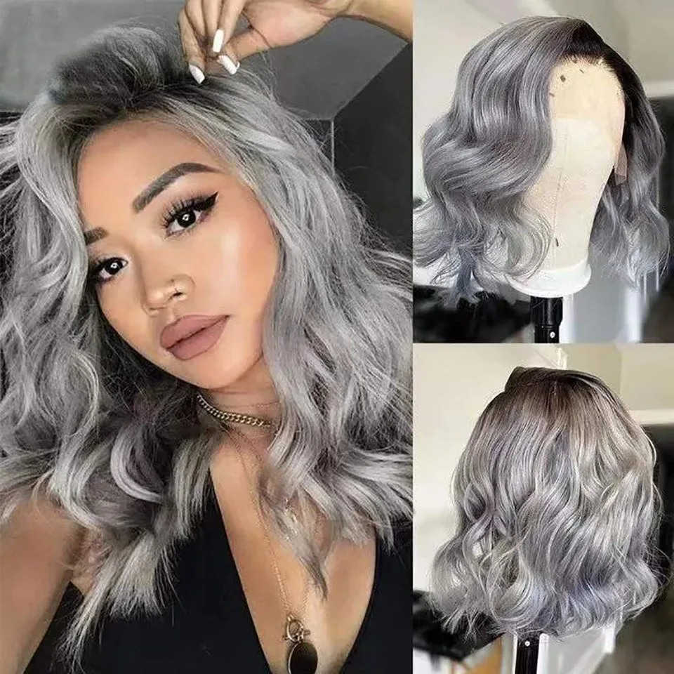 

Парик Ombre 1B/серый, короткий боб, с эффектом Body Wave, на кружевной основе 13x4 HD, без клея, предварительно выщипанный, синтетический, высокого качества, для повседневного использования и косплея
