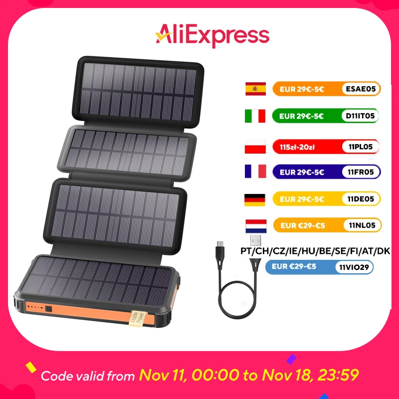 PD 22.5 W batterie solaire 26800 mAh chargeur solaire rapide QC 3.0, 3 sorties, 4 panneaux pliables charge la batterie externe, lumière de Camping